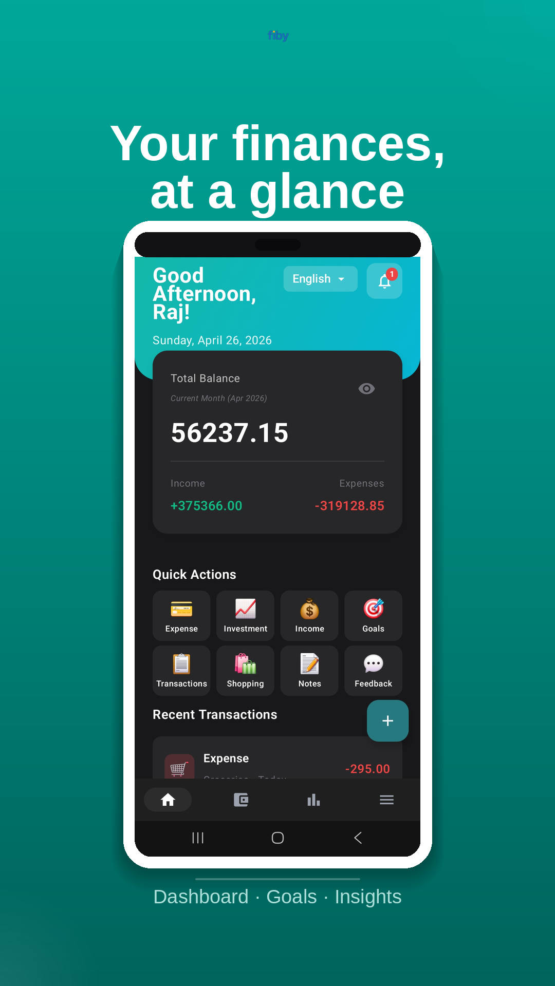 Fiby dashboard showing balance, quick actions and recent transactions